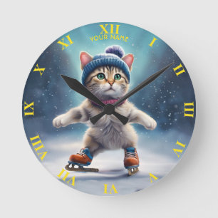 Fantasy Cute Cat Figure Skating. Round Clock