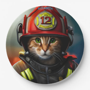 Fantasy Cute Cat Firefighter Suit. Paper Plate