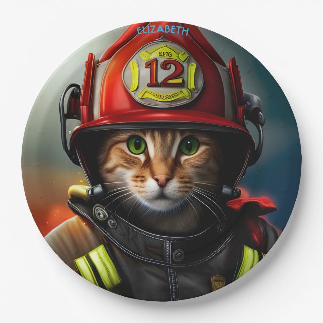 Fantasy Cute Cat Firefighter Suit. Paper Plate (Front)