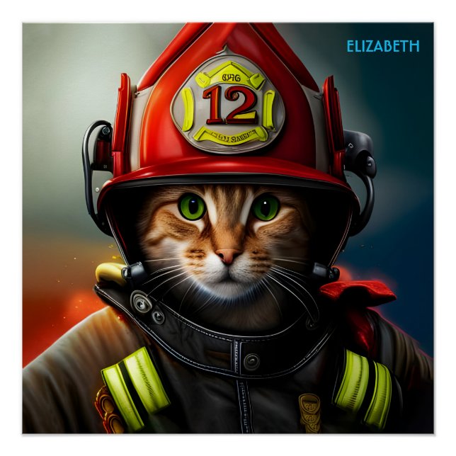 Fantasy Cute Cat Firefighter Suit. Poster (Front)