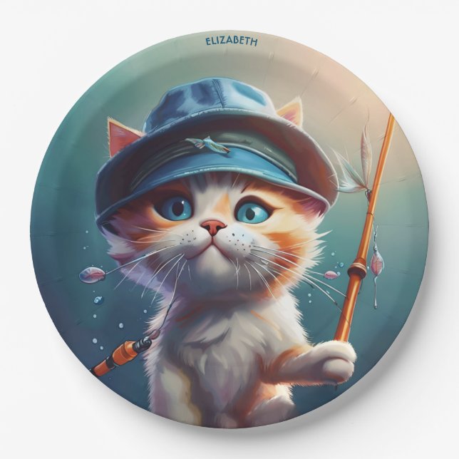 Fantasy Cute Cat Fishing Rod Paper Plate (Front)