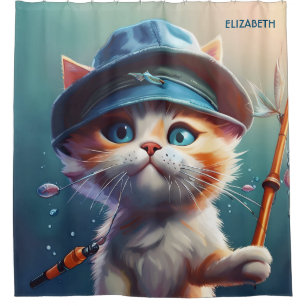 Fantasy Cute Cat Fishing Rod Shower Curtain