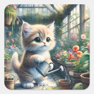 Fantasy Cute Cat Garden Flowers Square Sticker