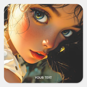 Fantasy Cute Cat Girl Freckles Square Sticker