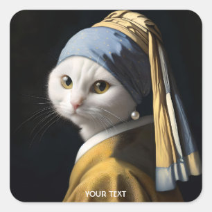 Fantasy Cute Cat Pearl Earring Square Sticker