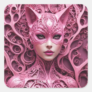 Fantasy Cute Cat Pink Woman Square Sticker