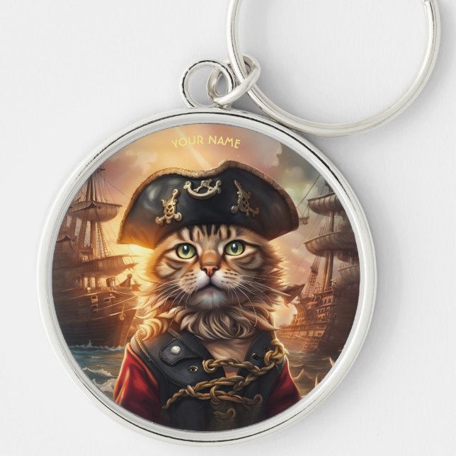 Fantasy Cute Cat Pirate Hat Key Ring (Front)