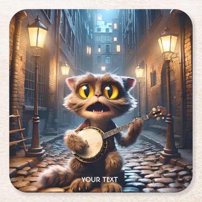 Fantasy Cute Cat Playing Banjo Square Paper Coaster (Front)
