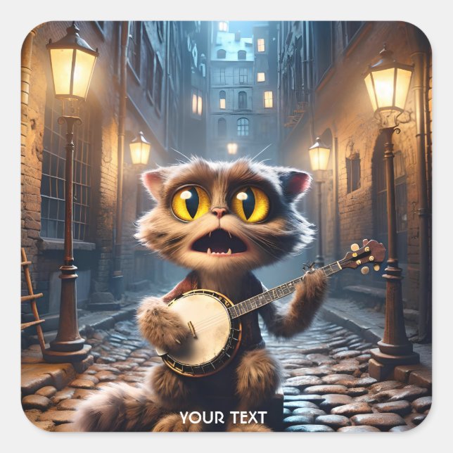Fantasy Cute Cat Playing Banjo Square Sticker (Front)