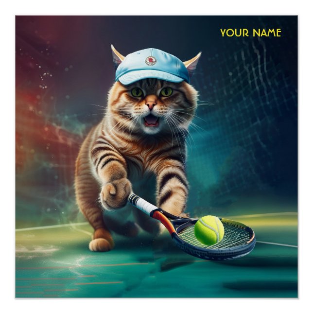Fantasy Cute Cat Playing Tennis Poster (Front)