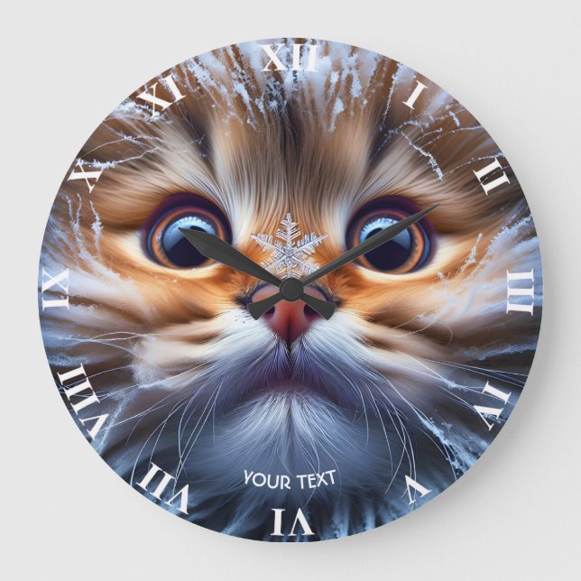 Fantasy Cute Cat Snow Snowflake Large Clock (Front)
