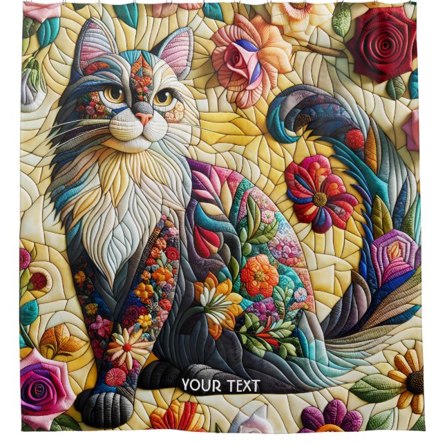 Fantasy Cute Cat Stained Glass Shower Curtain (Front)