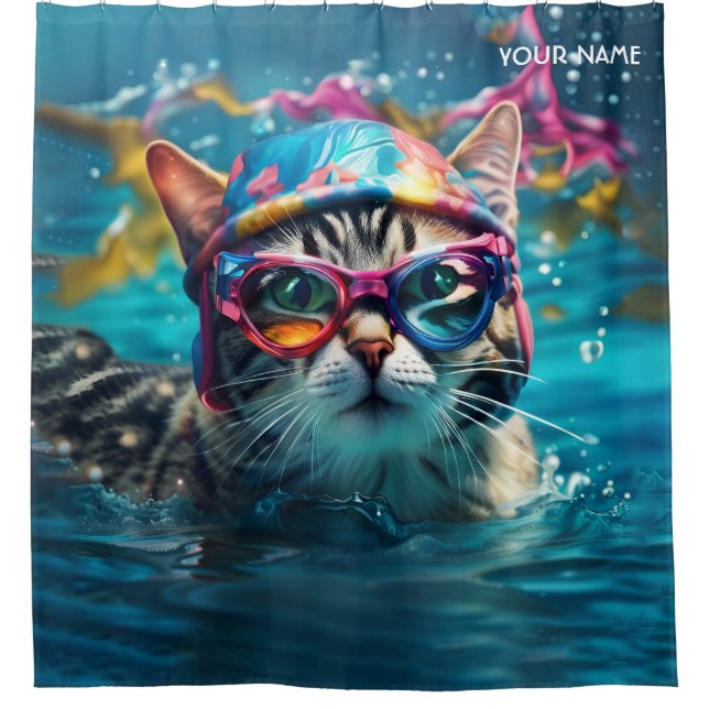 Fantasy Cute Cat Swimming Pool Shower Curtain (Front)