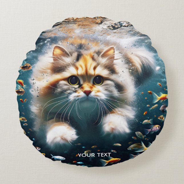 Fantasy Cute Cat Swimming Underwater Round Cushion (Front)