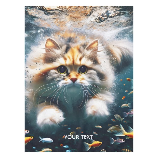 Fantasy Cute Cat Swimming Underwater Tablecloth (Front)