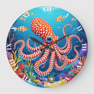 Fantasy Cute Chequered Octopus Sea Large Clock