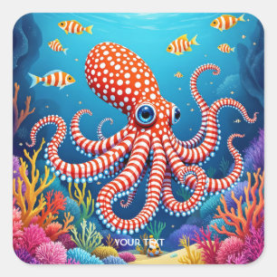 Fantasy Cute Chequered Octopus Sea Square Sticker