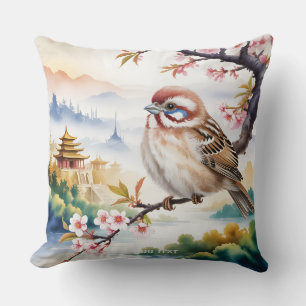 Fantasy Cute Chinese Bird Blossom Cushion