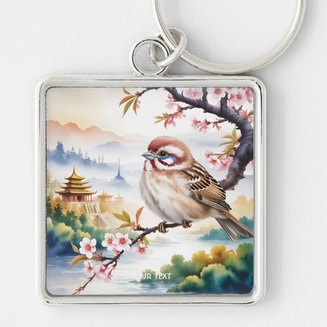 Fantasy Cute Chinese Bird Blossom Key Ring (Front)