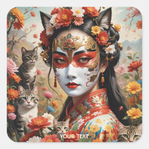 Fantasy Cute Chinese Girl Cats Square Sticker