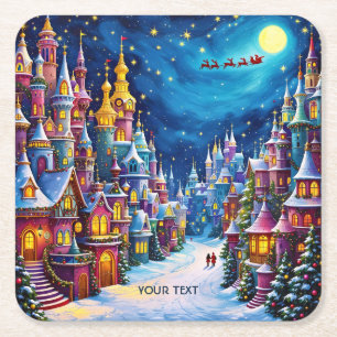 Fantasy Cute Christmas Eve Town  Square Paper Coaster