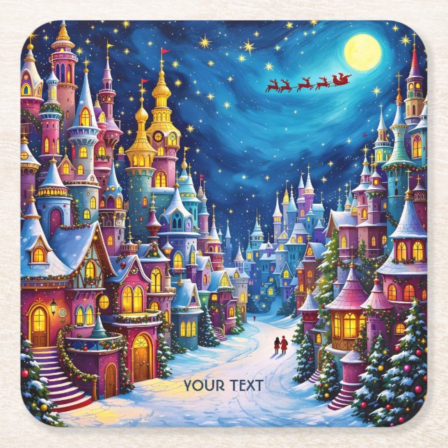 Fantasy Cute Christmas Eve Town  Square Paper Coaster (Front)