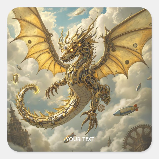 Fantasy Cute Clockwork Dragon Skies Square Sticker (Front)
