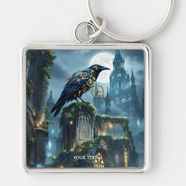 Fantasy Cute Clockwork Raven Cathedral Key Ring (Front)