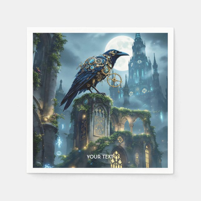 Fantasy Cute Clockwork Raven Cathedral Napkin (Front)