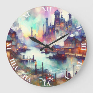 Fantasy Cute Clouds Castle River Large Clock