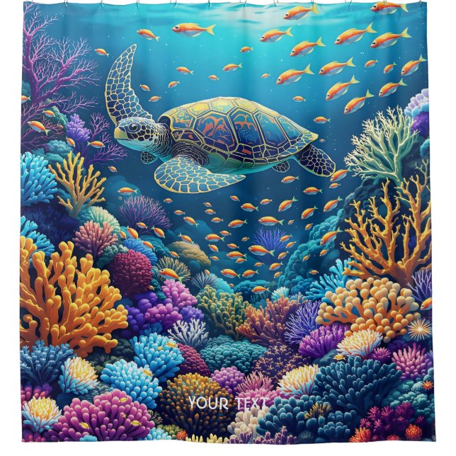 Fantasy Cute Coral Reef Turtle Shower Curtain (Front)