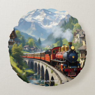 Fantasy Cute Crimson Antique Train Round Cushion