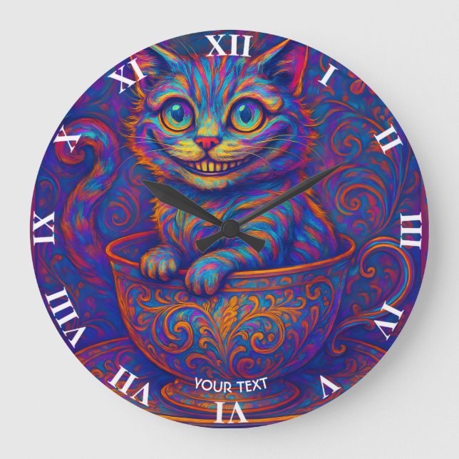 Fantasy Cute Cup Smiling Cat Large Clock (Front)