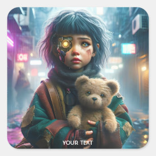 Fantasy Cute Cyber Girl Bear Square Sticker