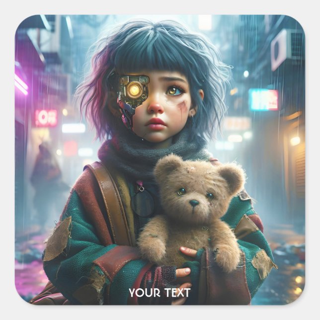 Fantasy Cute Cyber Girl Bear Square Sticker (Front)