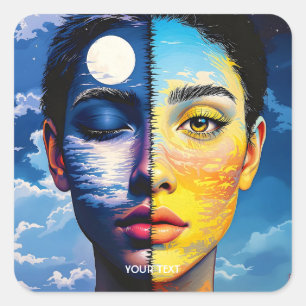 Fantasy Cute Day Night Face Square Sticker