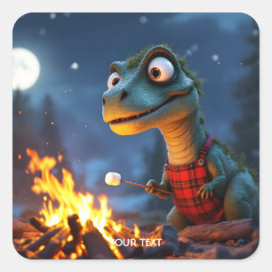 Fantasy Cute Dino Campfire Moon Square Sticker
