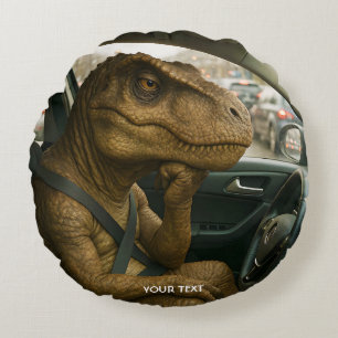 Fantasy Cute  Dinosaur Driving Car Round Cushion