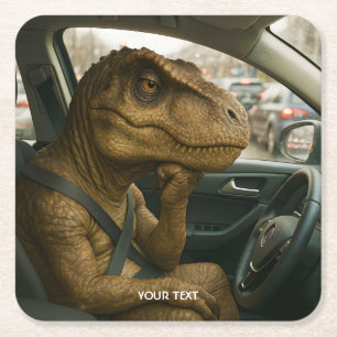 Fantasy Cute  Dinosaur Driving Car Square Paper Coaster