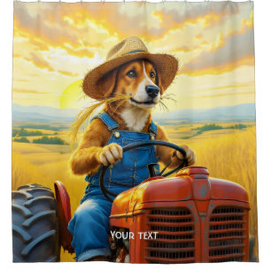 Fantasy Cute Dog Tractor Straw Shower Curtain