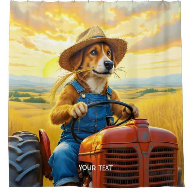 Fantasy Cute Dog Tractor Straw Shower Curtain (Front)