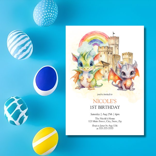 Fantasy Cute Dragon Castle Rainbow Kids Birthday Invitation (Creator Uploaded)