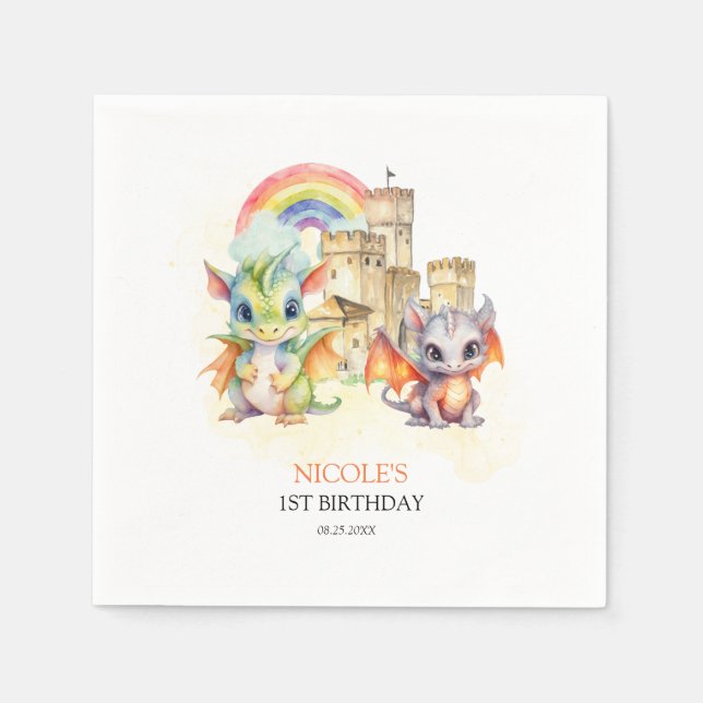 Fantasy Cute Dragon Castle Rainbow Kids Birthday Napkin (Front)