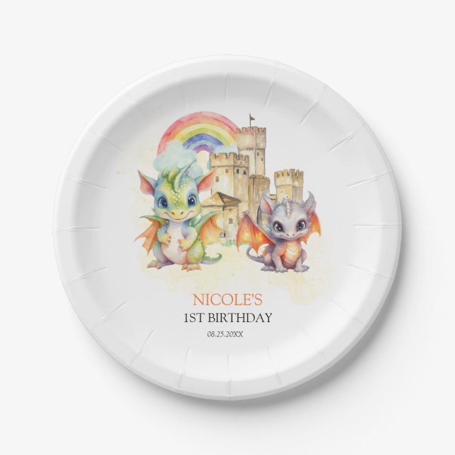 Fantasy Cute Dragon Castle Rainbow Kids Birthday Paper Plate (Front)