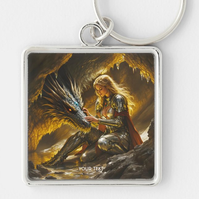 Fantasy Cute Dragon Female Warrior Key Ring (Front)