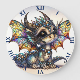 Fantasy Cute Dragon Stained Glass Large Clock