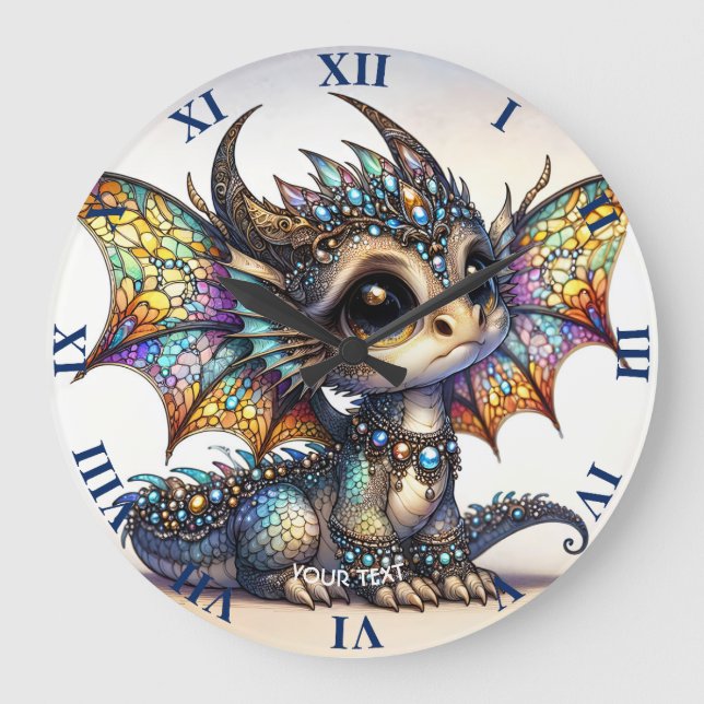 Fantasy Cute Dragon Stained Glass Large Clock (Front)