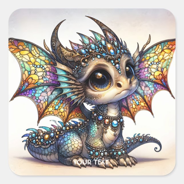 Fantasy Cute Dragon Stained Glass Square Sticker (Front)