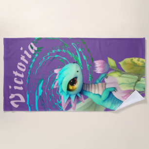 Fantasy Cute Dragon with Flower Cartoon Beach Towel