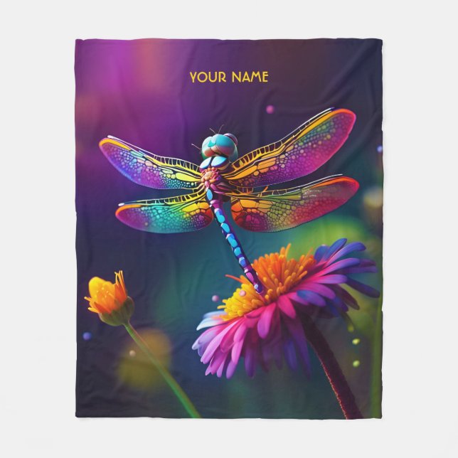 Fantasy Cute Dragonfly With Flower Fleece Blanket (Front)